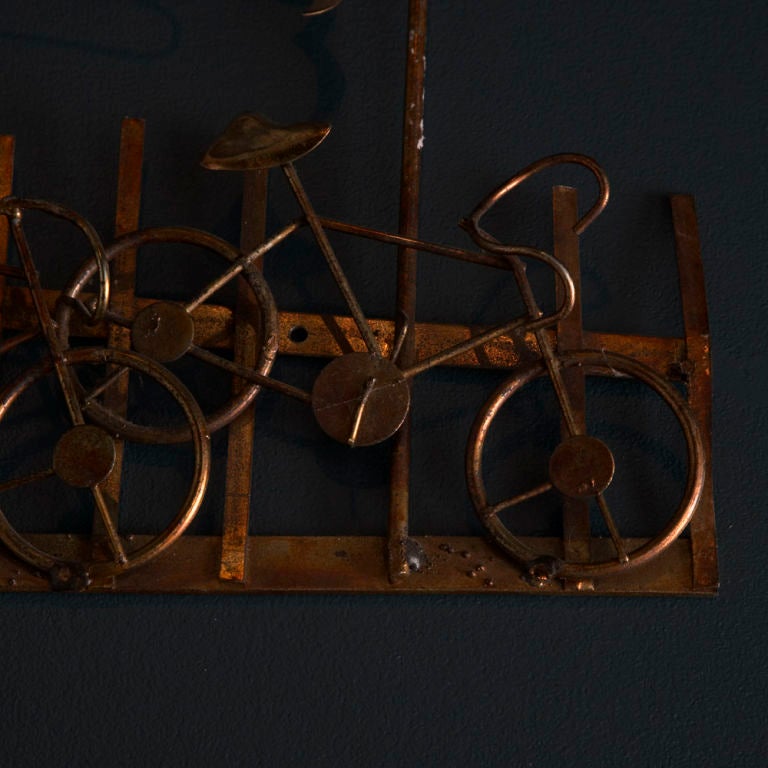 American A Metal Wall Sculpture Scene of Bicycles by Curtis Jere USA