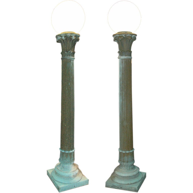Exceptional Pair of Green Patinated Entry Lamps For Sale 4
