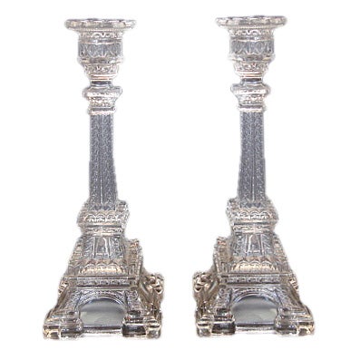 A rare pair of Eiffel Tower Portieux pressed glass candlesticks For Sale