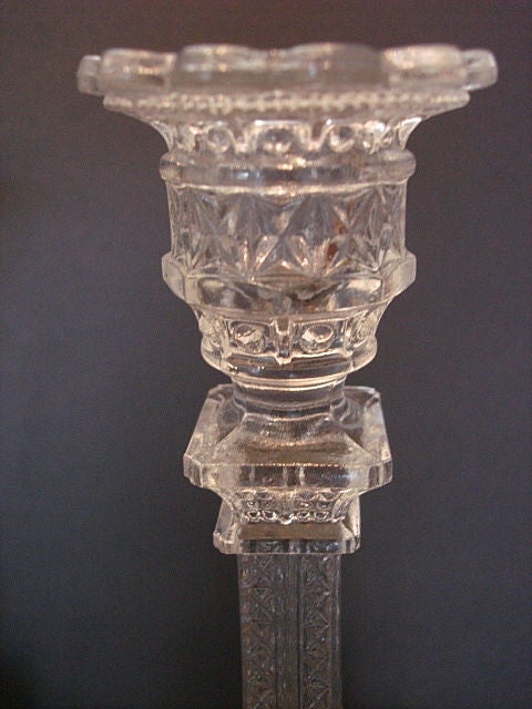 French A rare pair of Eiffel Tower Portieux pressed glass candlesticks For Sale