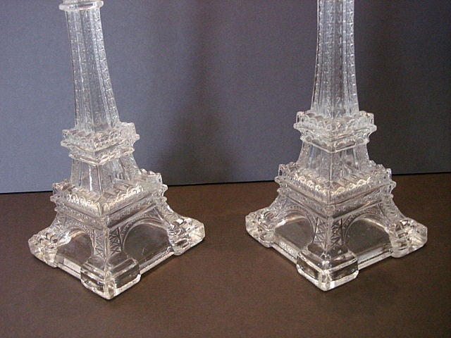 20th Century A rare pair of Eiffel Tower Portieux pressed glass candlesticks For Sale