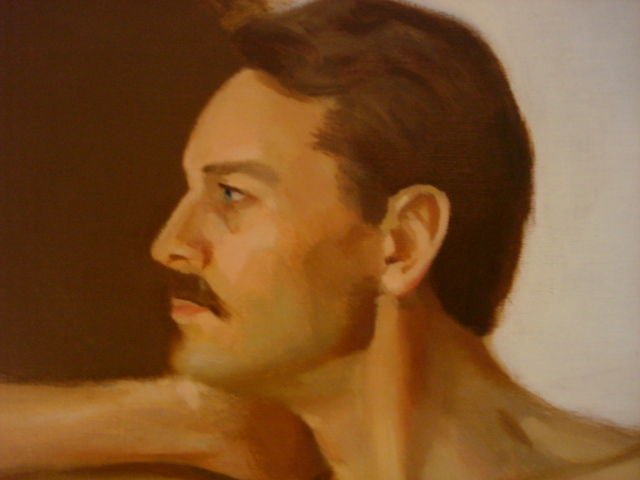 Oil on canvas of seated male nude by artist Len Gridley Everett<br />
with original wood frame.