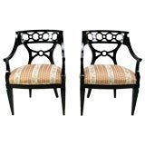 Pair Stylized Black Lacquer Arm Chairs With Interlocking Rings