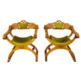 Pair Italian Curule Campaign Chairs In Wood & Chartreuse Velvet