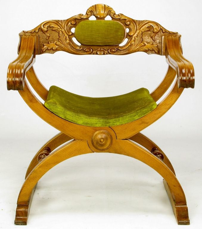 Pair Italian Curule Campaign Chairs In Wood & Chartreuse Velvet 1