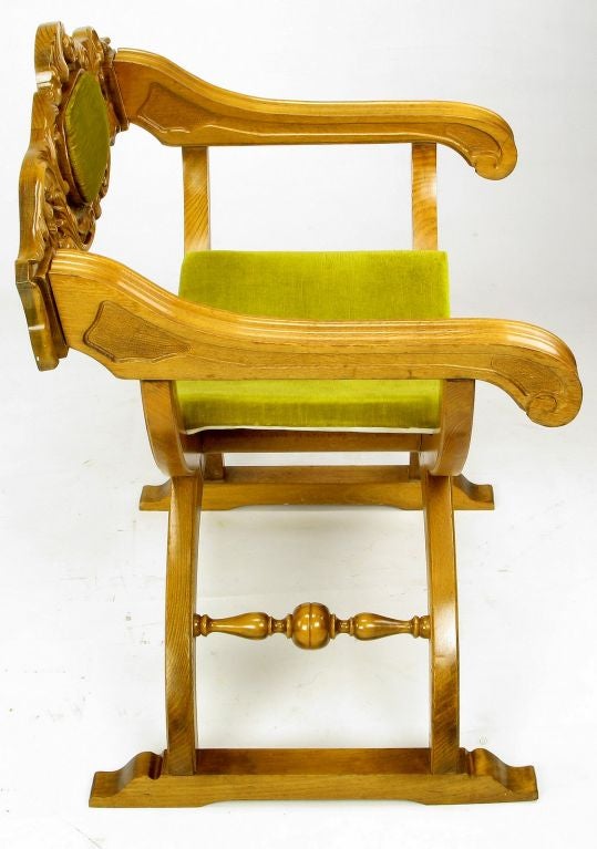 Pair Italian Curule Campaign Chairs In Wood & Chartreuse Velvet 2