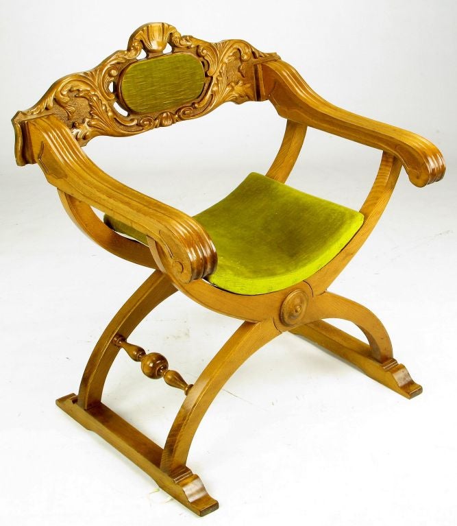 20th Century Pair Italian Curule Campaign Chairs In Wood & Chartreuse Velvet