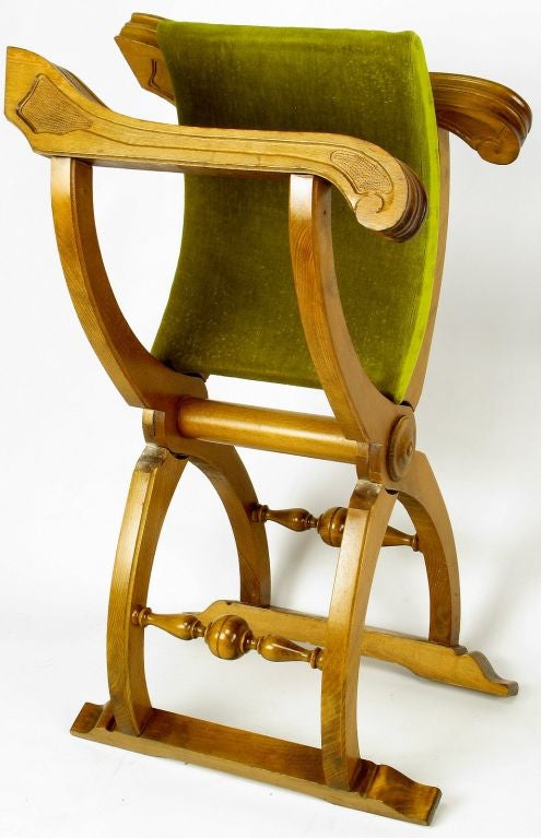 Pair Italian Curule Campaign Chairs In Wood & Chartreuse Velvet 7