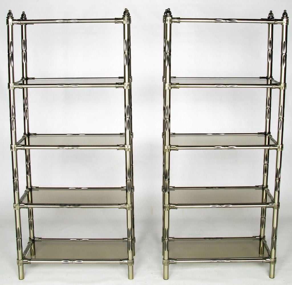 Pair Stylized Bamboo Etageres With Gunmetal Finish