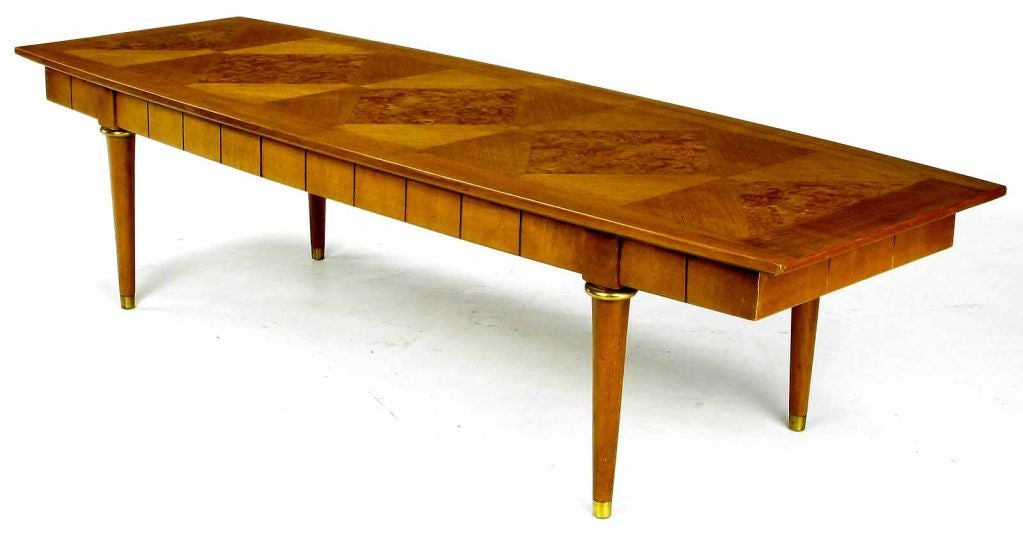 American Oxford-Kent Long Walnut Coffee Table With Burled Parquetry Top