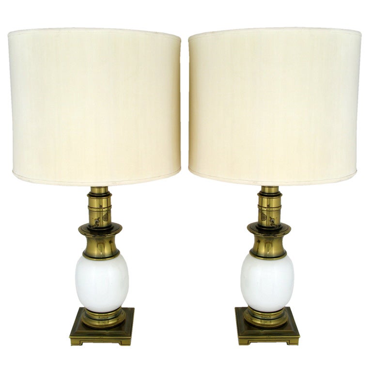 Pair Of  Stiffel Ostrich Egg And Antiqued Brass Table Lamps