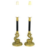 Pair Early 20th Century Brass Dolphin Candle Sticks