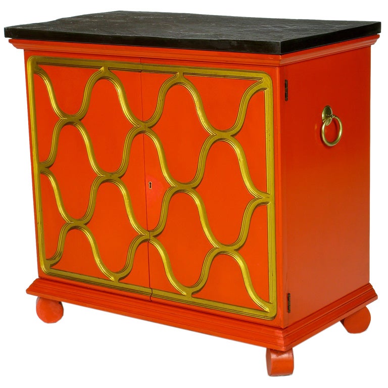 Dorothy Draper Commode In Castilian Red Lacquer With Gilding