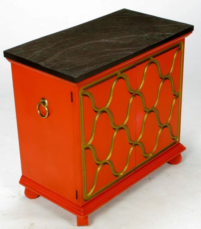 American Dorothy Draper Commode In Castilian Red Lacquer With Gilding