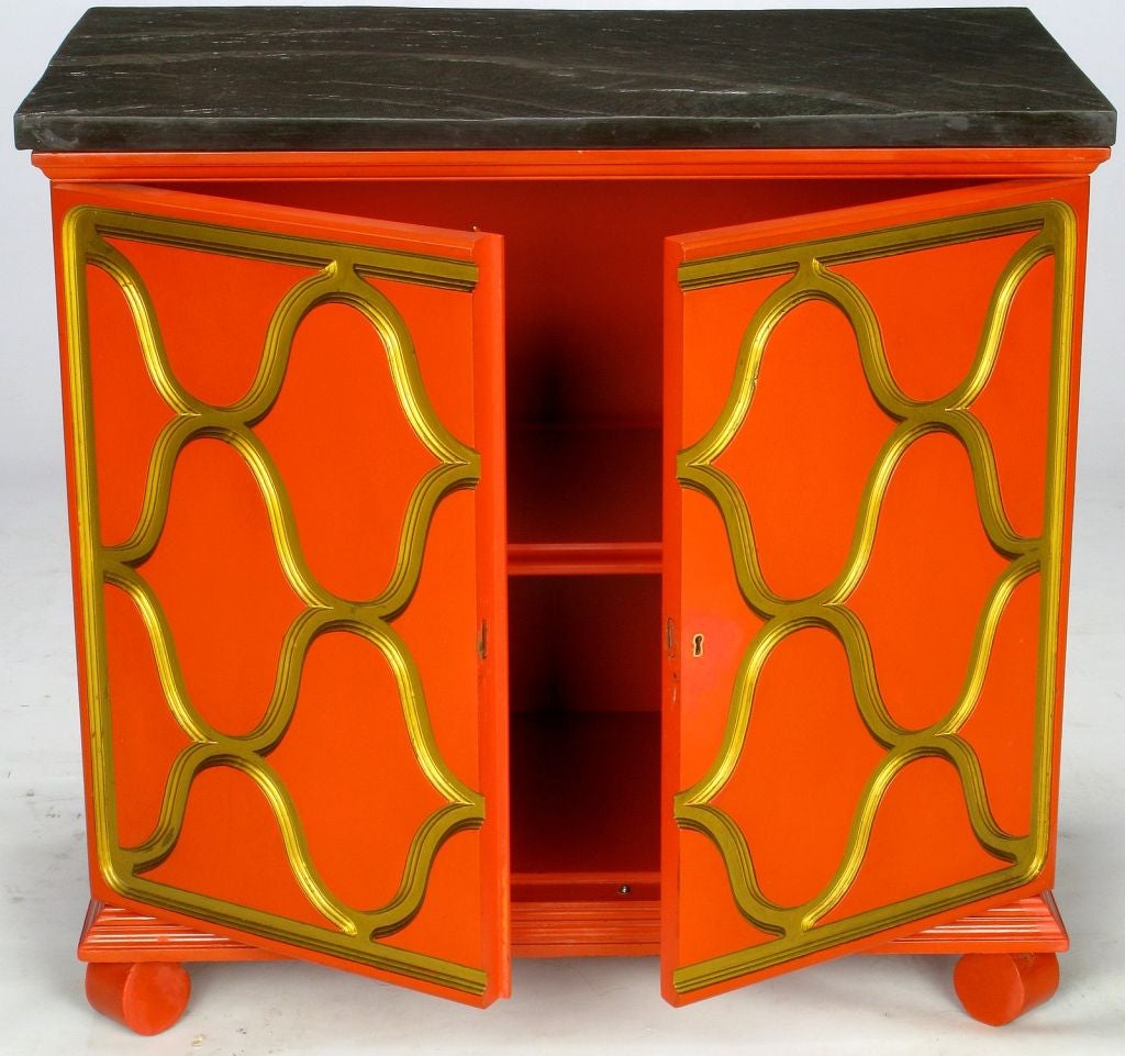 Wood Dorothy Draper Commode In Castilian Red Lacquer With Gilding