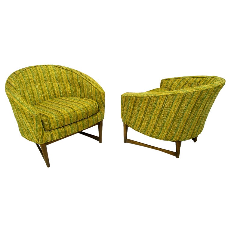 Pair Lawrence Peabody Barrel-Back Club Chairs In Green 
Gold