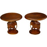 Vintage Pair Hand Carved Wood Pachyderm Form End Tables