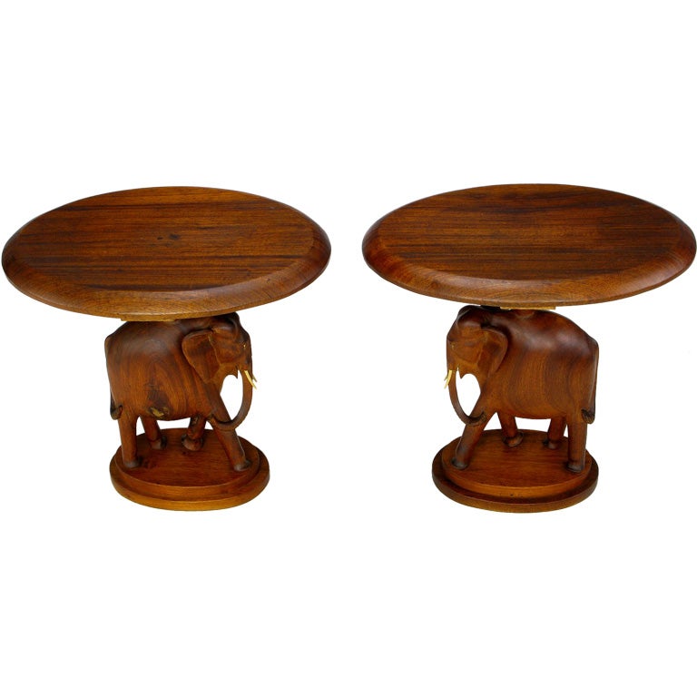 Pair Hand Carved Wood Pachyderm Form End Tables
