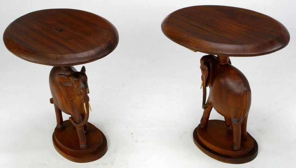 African Pair Hand Carved Wood Pachyderm Form End Tables