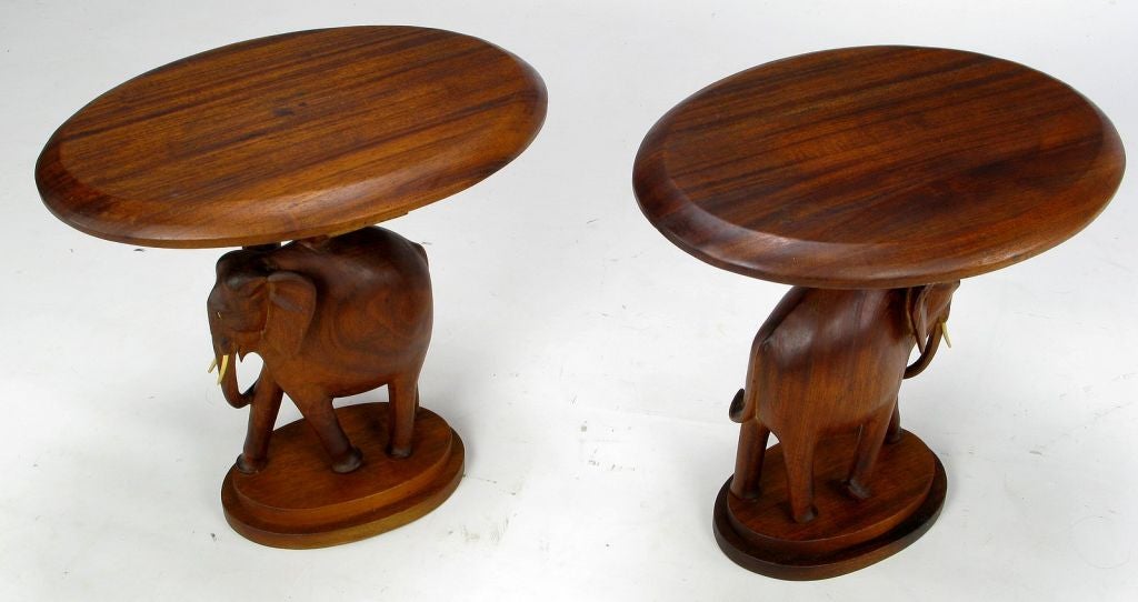 20th Century Pair Hand Carved Wood Pachyderm Form End Tables