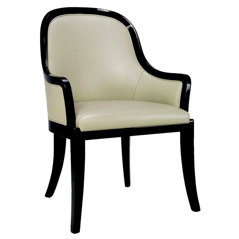 Elegant Arm Chair In Black Lacquer and Dove Grey Leather