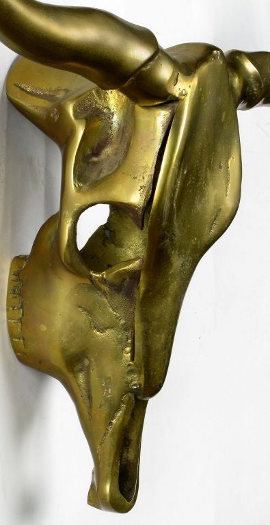 An expertly cast brass steer skull with long horns, in the manner of Arthur Court or Gabriella Crespi. Designed to hang on the wall, but could also lay flat on a desk or table.