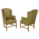Pair 1940s Wing Chairs In A Colorful & Overscaled Houndstooth