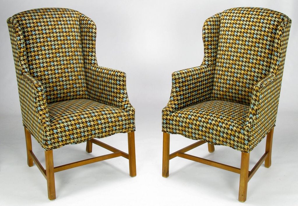 Pair 1940s Wing Chairs In A Colorful & Overscaled Houndstooth