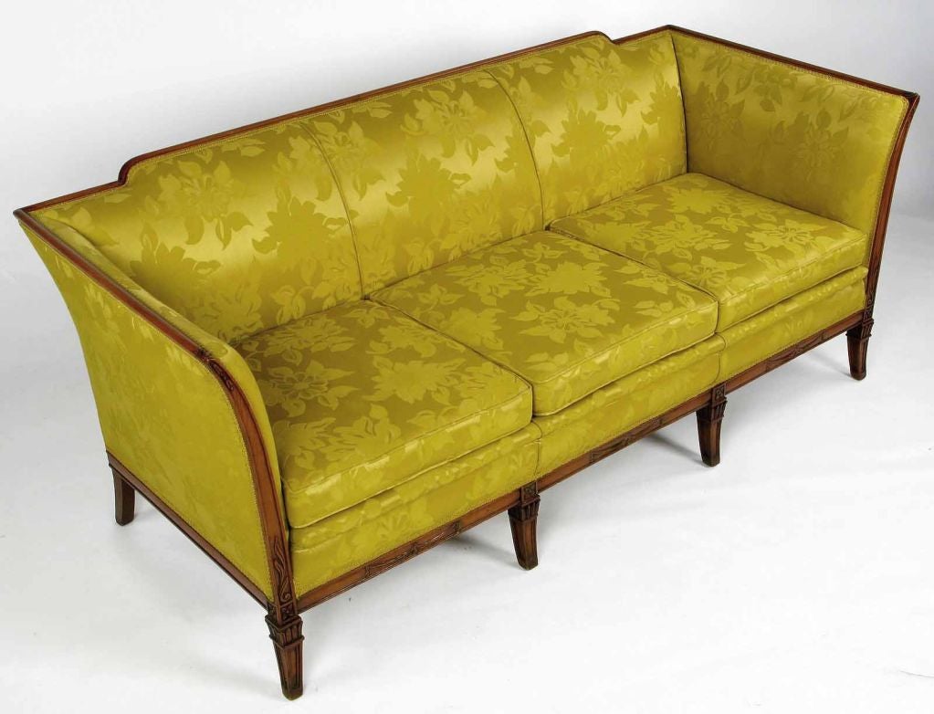 1940s Empire Sofa In Gold Damask And Carved Walnut