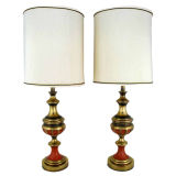 Pair Rembrandt Patinated Brass And Castilian Red Table Lamps