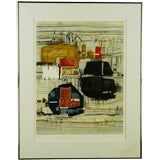 1960s Colorful Framed Abstract Lithograph Print