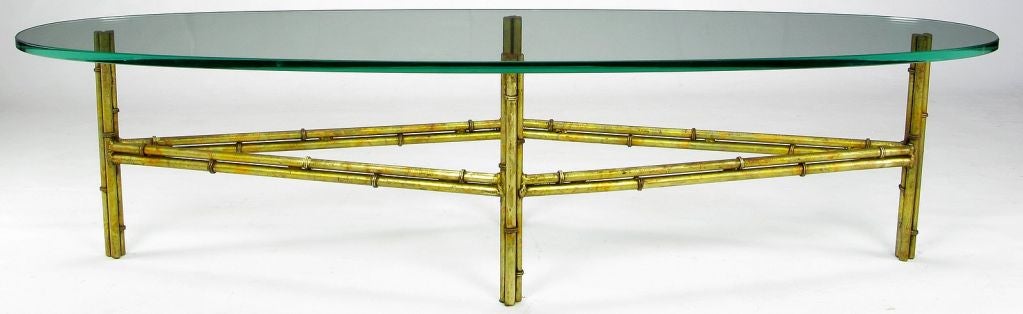 Gilt Metal Bamboo Coffee Table With Elliptical Glass Top