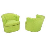 Vintage Pair Barrel Back Swivel Chairs In Chartreuse Needlepoint