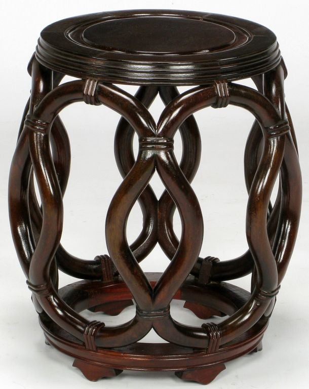 Striking mahogany stools/pedestals custom made in Hong Kong. Bentwood open body and solid mahogany seats. Would make terrific side tables, as well as looking incredible with padded round cushions.