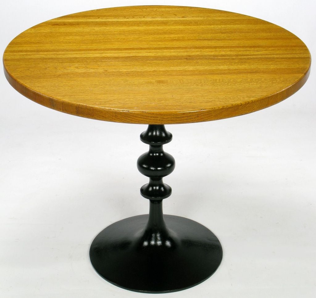 Round Aged-Oak Table With Black Metal Totem Base