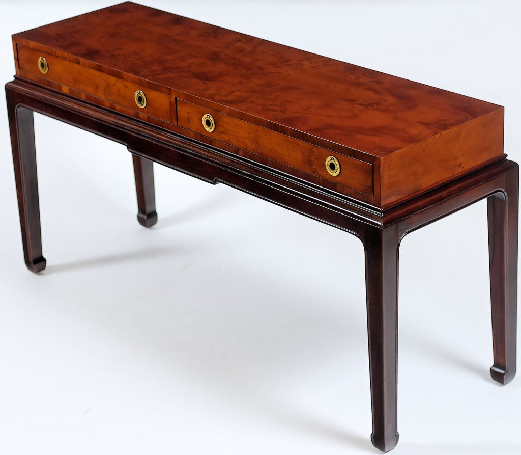 American Pair Mahogany And Pearwood Console Tables By Henredon