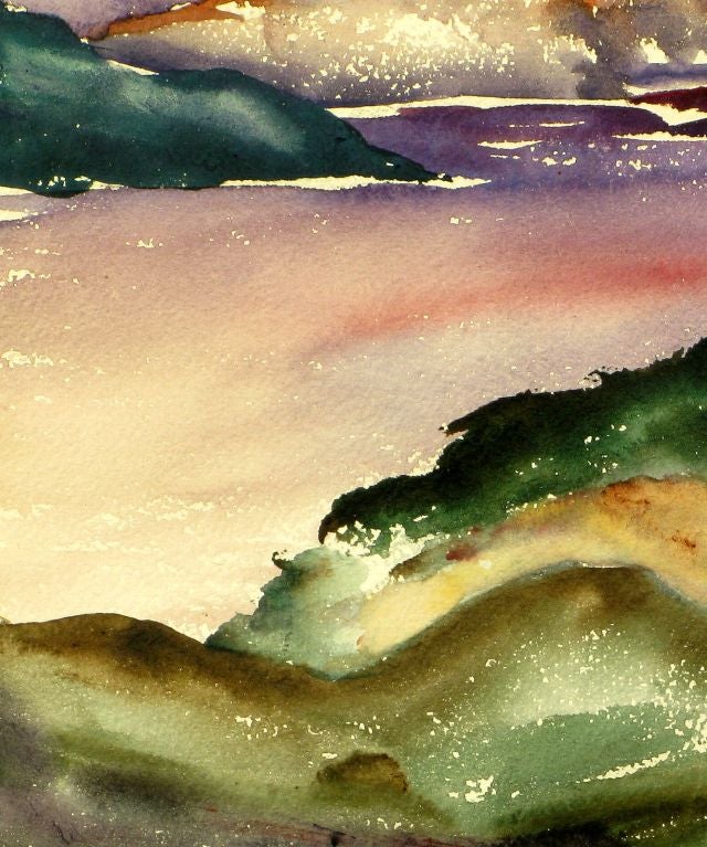 Excellente couleur et technique dans cette aquarelle vintage de Brockway. De belles montagnes violettes et orange et un ciel crépusculaire avec trois dépendances en vedette.  Passe-partout et cadre d'origine.