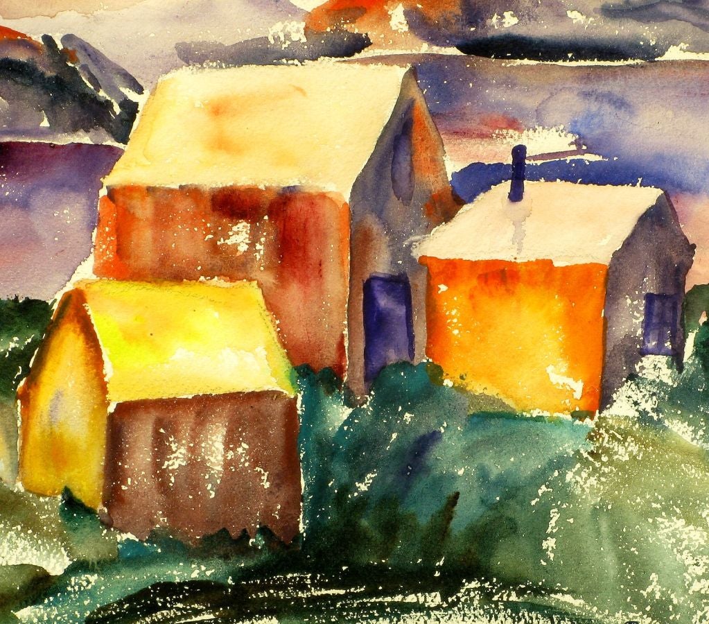 Aquarelle vibrante d'une ferme de montagne signée Brockway. en vente 1