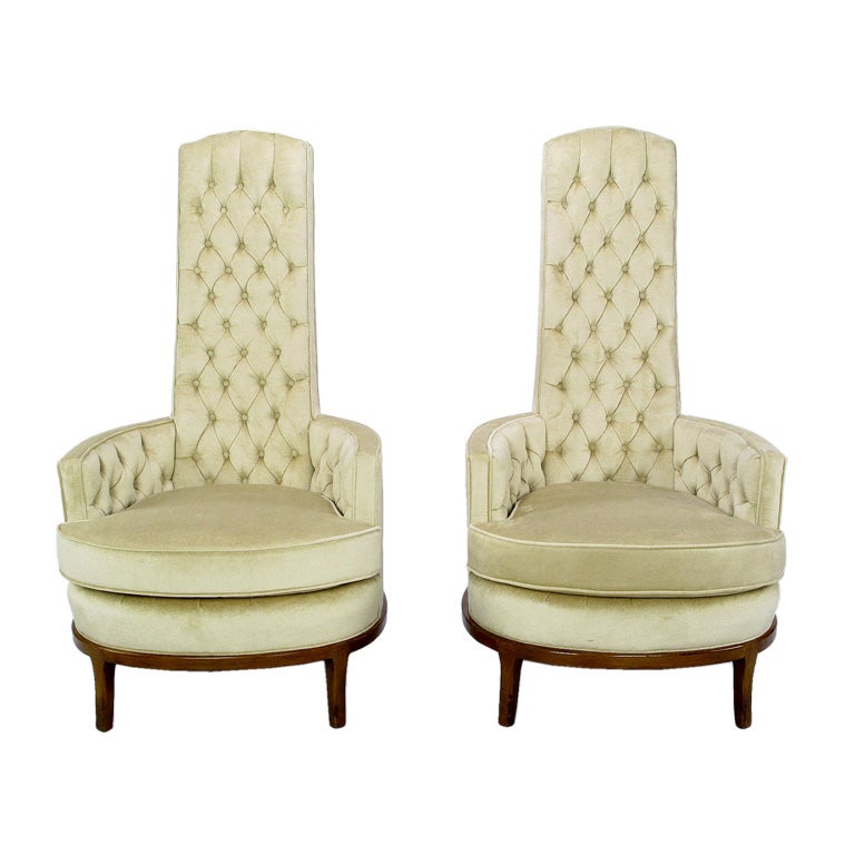 High Backed Barrel Club Chairs In Button Tufted Cream Velvet