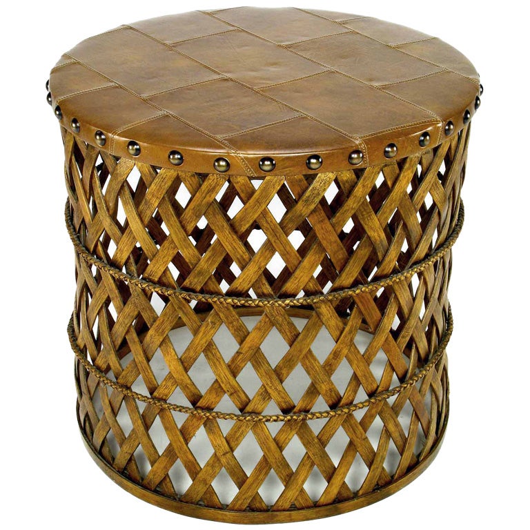 Henredon Chocolate Leather Patchwork  And Woven Table