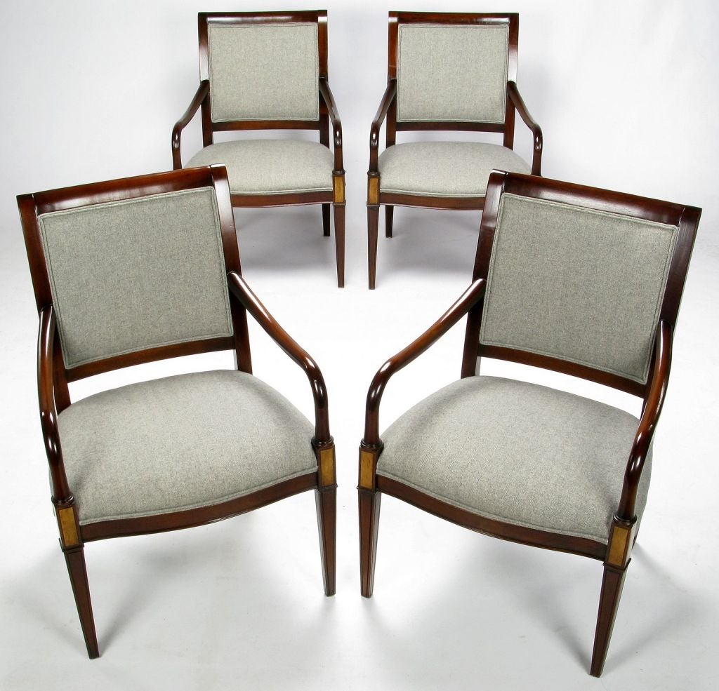 Set Of 4 Mahogany And Olive Burl Regency Arm Chairs