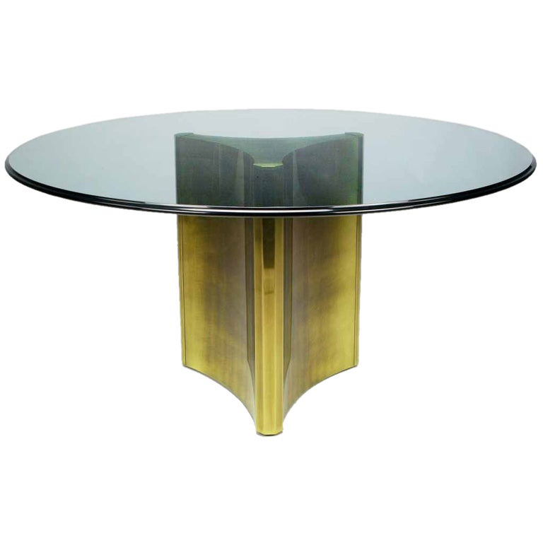 Mastercraft Antiqued Brass Pedestal and Glass Dining Table at 1stDibs