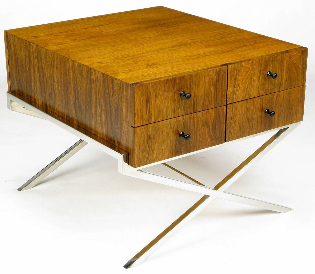 Custom Chrome & Rosewood X-Base Side Table