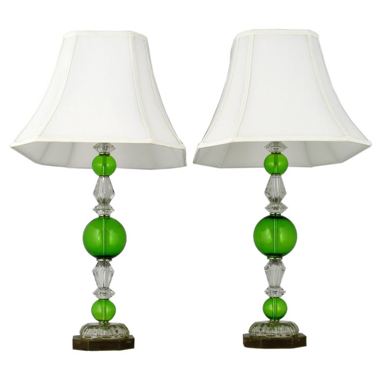Pair Elegant & Tall Crystal And Green Glass Sphere Table Lamps