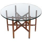 Glass Topped Teak Wood And Bronze Hinged Coffee Table