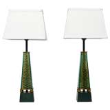 Pair 1940s Lightolier Emerald Glass Obelisk Lamps