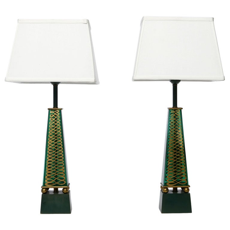 Pair 1940s Lightolier Emerald Glass Obelisk Lamps