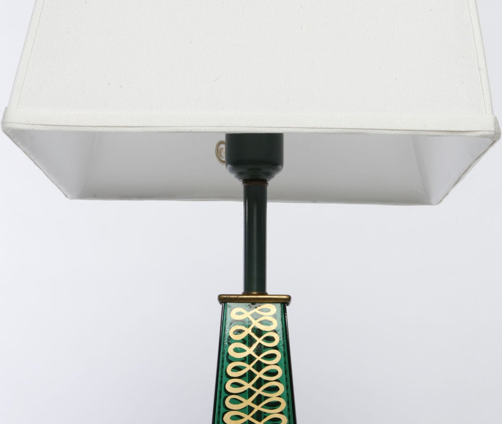 American Pair 1940s Lightolier Emerald Glass Obelisk Lamps