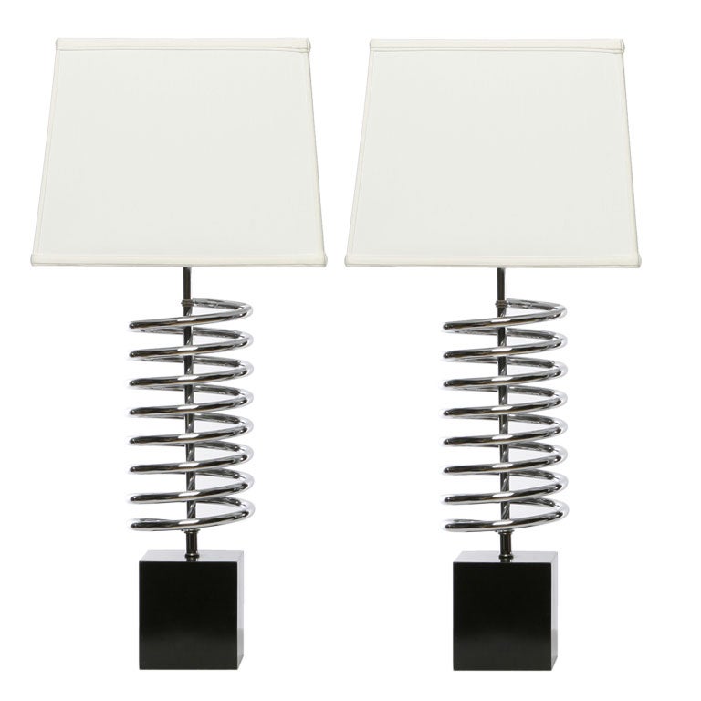 Pair Of Chrome Coil Spring Table Lamps By Laurel