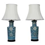 Paire de lampes de table chinées chrysanthèmes bleu turquoise et blanc